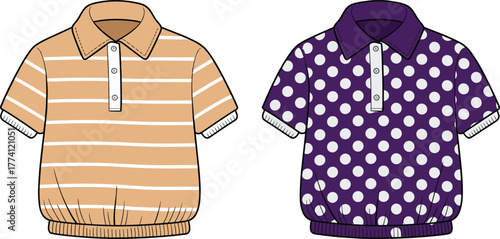 Children's short sleeve polo shirts, striped and polka dot patterns, button placket, ribbed cuffs, fashion template, vector illustration, garment mockup
