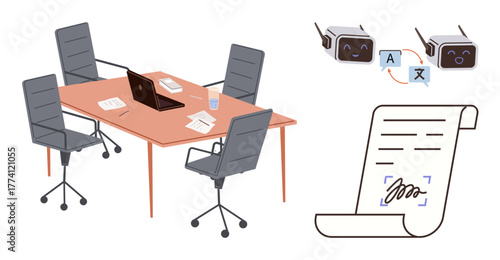 Office table with laptop, chairs, and documents paired with AI language translation bots and digitally signed scroll. Ideal for teamwork, technology, AI, language, contracts digital productivity. A