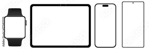 Modern mockup of smartphone, tablet, and smartwatch on white background. Suitable for showcasing mobile app interfaces, website designs, or digital product presentations.