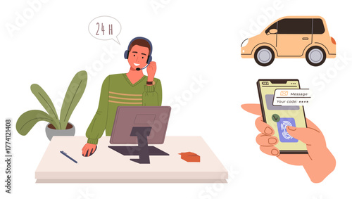 Support agent using headset and computer, hand holding smartphone with security code, and car illustration. Ideal for customer service, mobile security, tech support, online communication, transport