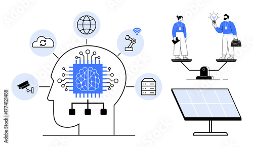 Brain with AI chip connected to tech icons, scales balancing people. Ideal for innovation, AI, robotics, data, sustainability, decision-making and equality. Simple flat metaphor
