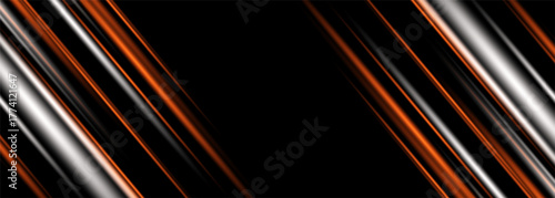 Black wide abstract background with glowing motion black, white and orange neon light effect. Sports background vector illustration