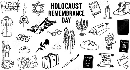 Hand-drawn doodle set of Holocaust Remembrance Day symbols and icons. Collection of vector elements related to Jewish history, memory, and victims of genocide.