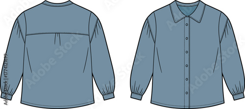 Long sleeve blouse technical sketch, front back view, gathered yoke, puff sleeve, button cuff, fashion template, garment design