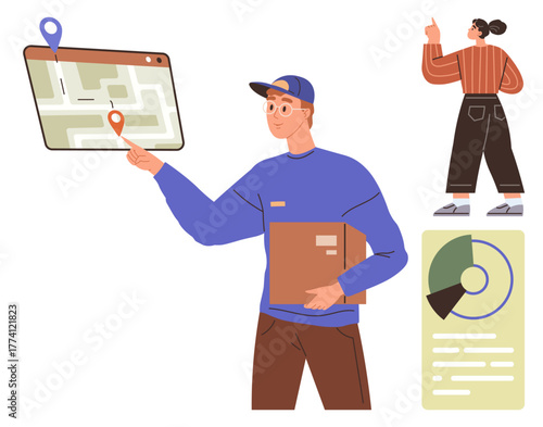 Delivery worker uses map interface to locate destination. Teammate discusses visual data insights. Ideal for logistics, teamwork, delivery service, presentation, location tracking, data analysis