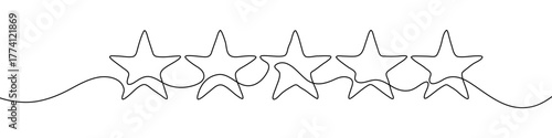 Five rating stars in one line art style. A drawing of a row of five five-pointed stars connected by a continuous line, creating a rating scale, with editable black stroke on a white background. Vector