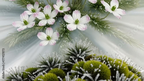 White flowers and green moss on soft white background  