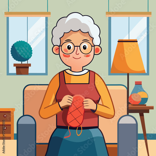 Elderly woman with glasses knitting a scarf in a cozy room