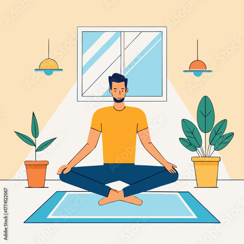Man practicing yoga in lotus position with potted plants