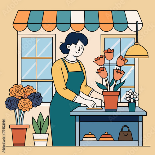 Woman arranging flowers in a shop with window displays