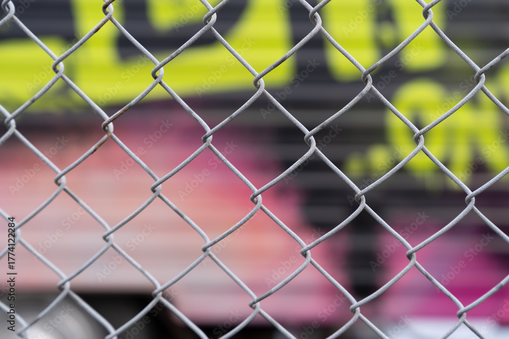 Fototapeta premium Metal chain link fence in front of colorful blurred urban graffiti wall