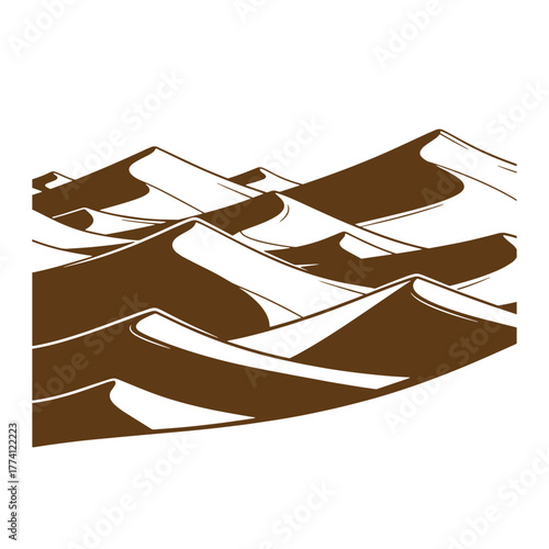 Artistic vector illustration depicting brown sand dunes in a desert landscape with vintage art style
