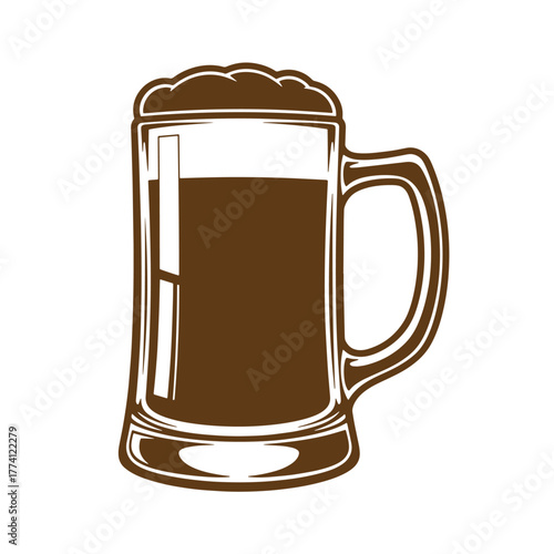 Classic vintage art illustration of a full beer stein with frothy foam in brown color