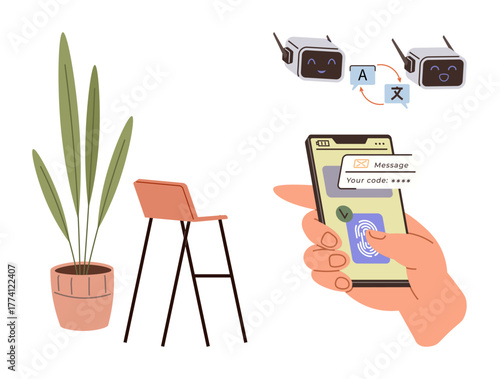 Potted plant, chair, hand holding smartphone with fingerprint access and security code, translation devices exchanging words. Ideal for security, translation, technology, workspace, communication