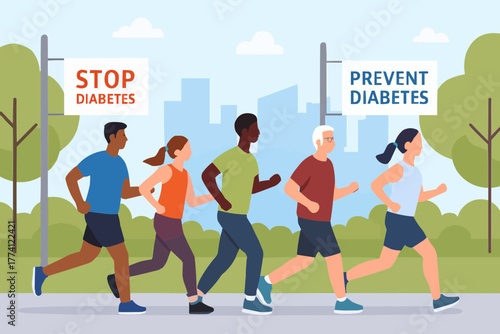 Flat vector of diverse people jogging in park with diabetes prevention banners
