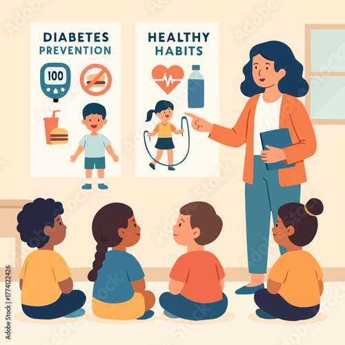 Flat vector of school children learning about diabetes prevention with teacher and posters