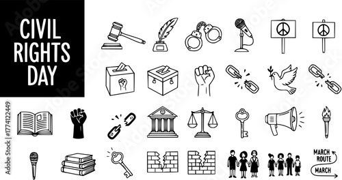 Civil Rights Day Doodle Icons: Justice, Freedom, Equality, Peace, Protest, and Voting Symbols Collection