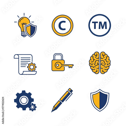 Intellectual property symbols representing copyright, trademark, patent, and trade secrets arranged on a white surface representing business and legal concepts.