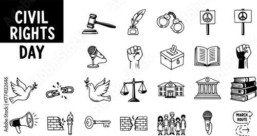 Civil Rights Day Icons: Justice, Peace, Equality, Freedom, Protest, Voting, Education, and Community Symbols