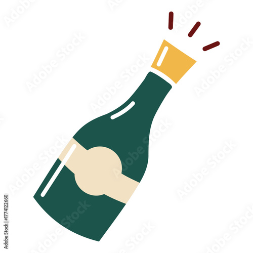 Flat style champagne bottle popping. Hand drawn vector isolated illustration. 