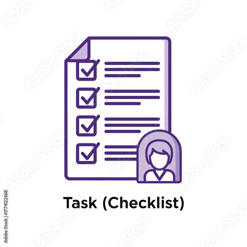 Checklist with completed tasks and female figure represents successful project management and organization in a modern business setting.