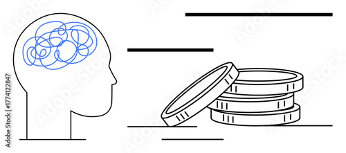 Head with tangled lines indicating thoughts near coins symbolizing financial decisions or challenges. Ideal for finance, mental health, psychology, decision-making, planning, economics, simple flat