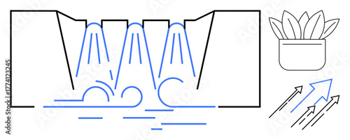 Hydropower dam releasing water, potted plant symbolizing green energy, and upward growth arrows. Ideal for energy, sustainability, environment, innovation, progress, nature renewable solutions