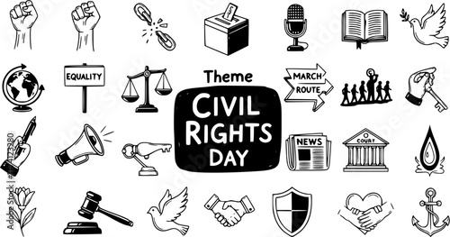 Civil Rights Day Theme Icons Set: Hand-Drawn Symbols of Equality, Justice, Freedom, Protest, and Human Rights Movement