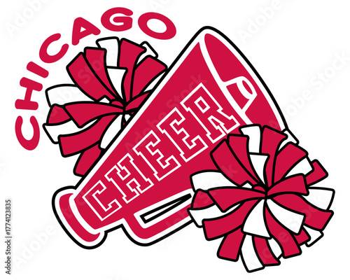 Cheerleader illustration. Red and Black Cheerleading Pom-poms and Megaphone with the word CHEER.