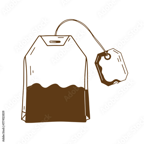 Simple hand drawn illustration of a tea bag in a vintage art style on white background