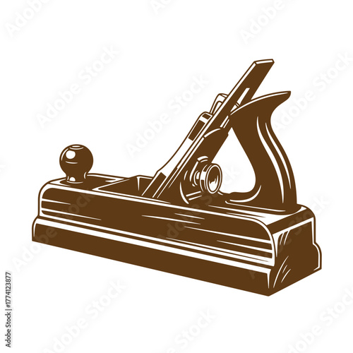 Detailed vintage art illustration of a classic woodworking hand plane on a white background
