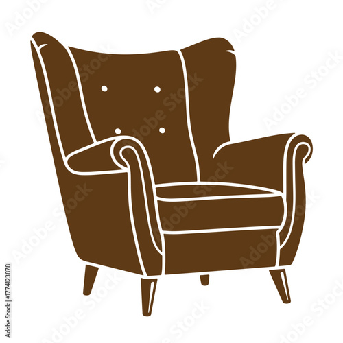 Simple brown vintage art wingback armchair illustration on a clean white background