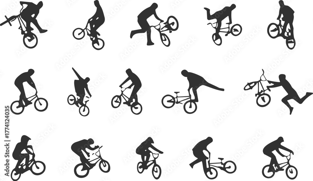 Fototapeta premium Silhouette BMX riders performing extreme freestyle tricks, urban stunt icons in motion, dynamic cycling poses, action sports energy, competitive bike athletes