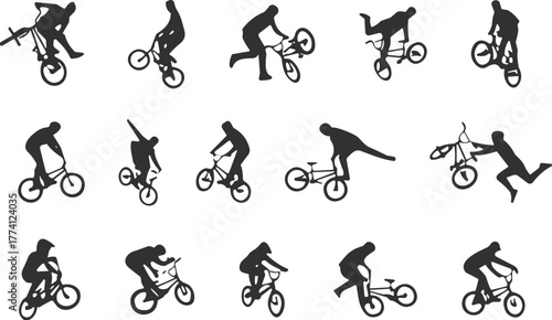 Silhouette BMX riders performing extreme freestyle tricks, urban stunt icons in motion, dynamic cycling poses, action sports energy, competitive bike athletes