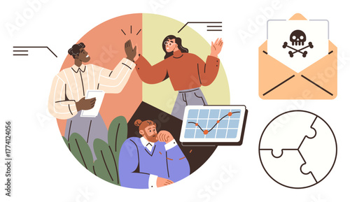 Business team high-fiving over collaboration success, graph analysis on tablet, cyber attack via email, puzzle symbolizing strategy. Ideal for teamwork, communication, security, planning, success