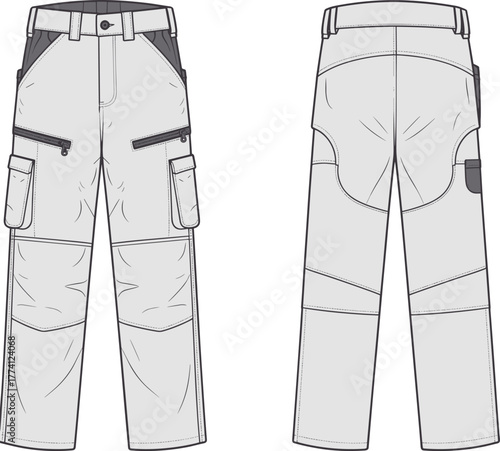 Technical cargo pants front and back view, workwear design, utility trousers illustration, fashion sketch, durable outdoor garment, apparel blueprint