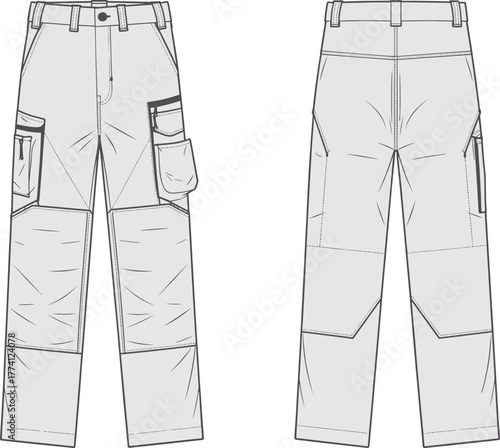 Technical cargo pants illustration, front and back view, workwear fashion sketch, utility trousers design, apparel template, garment specification drawing
