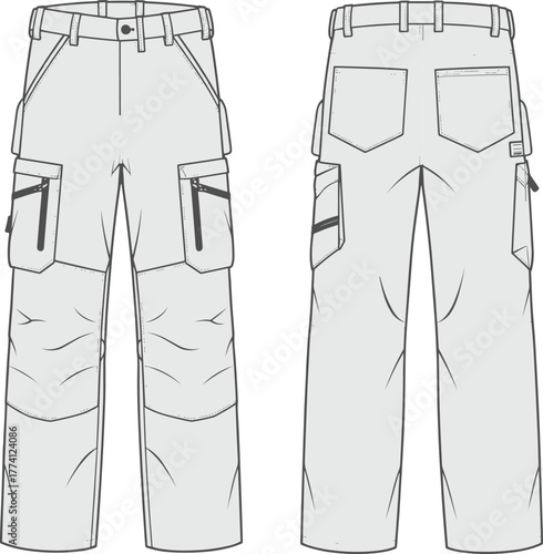 Technical cargo pants drawing, front and back view, fashion illustration, utility trousers design, garment sketch, workwear apparel template, clothing blueprint