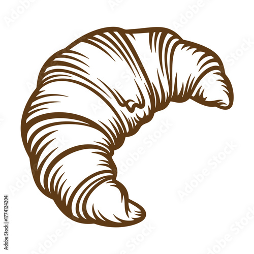 Simple vintage art illustration of a delicious freshly baked croissant on a white background