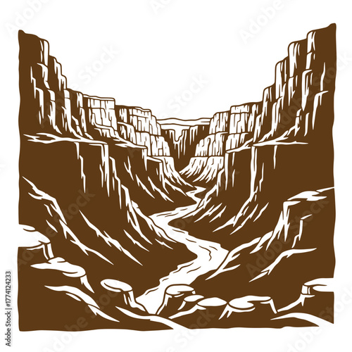 Illustration of a vintage art brown carved style grand canyon landscape view