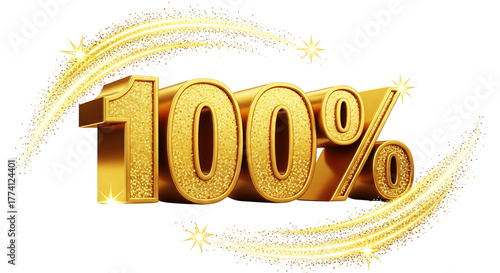 Golden one hundred percent symbol with sparkling trails on a black background illustration on transparent background