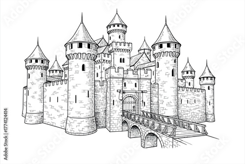 Detailed Medieval Castle Line Art