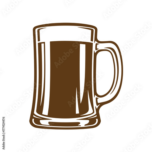 Vintage art illustration of a brown beer mug filled with dark brew on white background