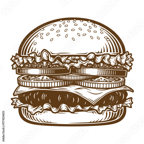 Vintage art illustration of a delicious classic hamburger with bun lettuce cheese and tomato