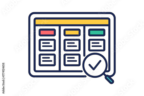 Digital checklist with colored categories and magnifying glass icon project tracking board