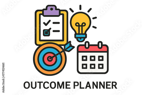 Outcome planner tools illustration with checklist, light bulb, and calendar  