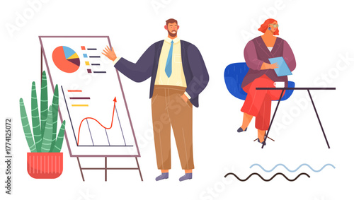 Man presenting data on flip chart with graphs and charts, woman seated with documents. Ideal for teamwork, business strategy, analytics, leadership, education, meetings, simple flat metaphor