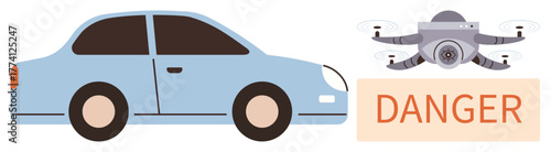 Blue sedan and hovering quadcopter near Danger warning icon. Ideal for traffic safety, AI risks, vehicle automation, Quadcopter policies, transportation, warning systems, and cybersecurity. Simple