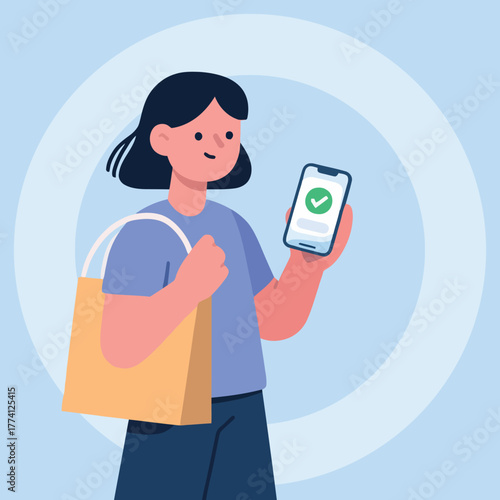 Woman with shopping bag transferring money, showing successful payment from her cell phone