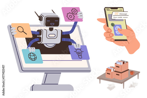 Robot with multiple arms managing tasks on screen, smartphone for code entry, organized file boxes. Ideal for automation, cybersecurity, efficiency, technology, innovation multitasking data. Simple